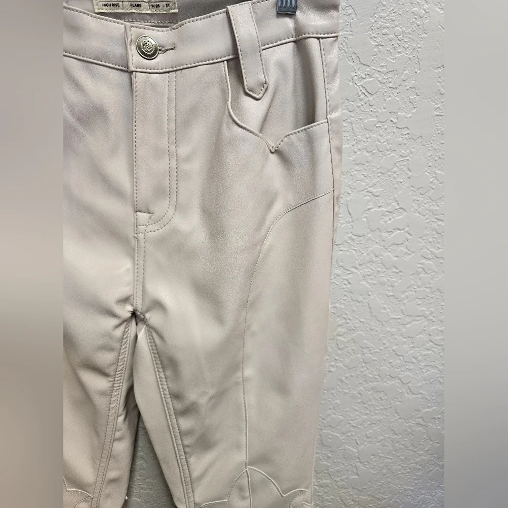 Rock & Roll Denim HIGH RISE EXTRA STRETCH FLARE FAUX LEATHER PANTS in Ivory - Picture 6 of 14